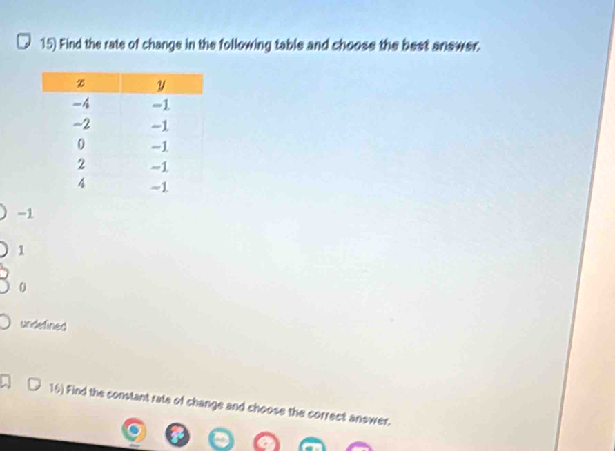 Find the rate of change in the following table and choose the best answer.
-1
1
0
undefined
16) Find the constant rate of change and choose the correct answer.