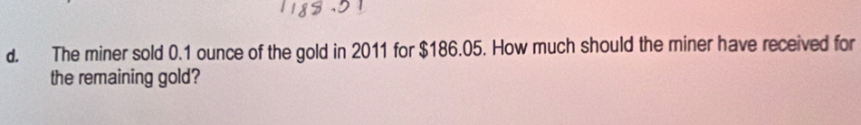 The miner sold 0.1 ounce of the gold in 2011 for $186.05. How much should the miner have received for 
the remaining gold?