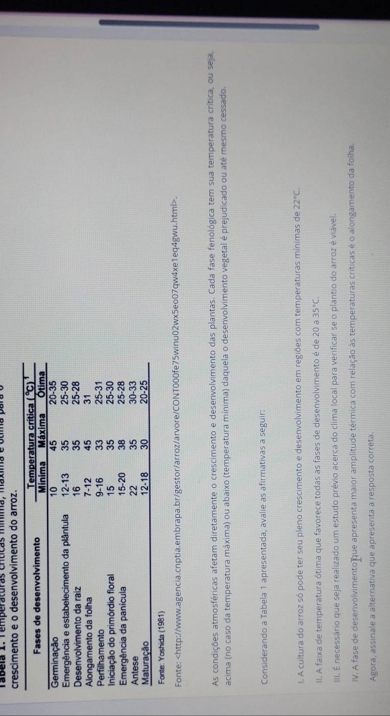 rabéia 1. Temperaturas críticas mínima, máxima e otma
crescimento e o desenvolvimento do arroz.
Fonte: Yoshida (1981)
Fonte:.
As condições atmosféricas afetam diretamente o crescimento e desenvolvimento das plantas. Cada fase fenológica tem sua temperatura crítica, ou seja,
acima (no caso da temperatura máxima) ou abaixo (temperatura mínima) daquela o desenvolvimento vegetal é prejudicado ou até mesmo cessado.
Considerando a Tabela 1 apresentada, avalie as afirmativas a seguir:
l. A cultura do arroz só pode ter seu pleno crescimento e desenvolvimento em regiões com temperaturas mínimas de 22°C.
II. A faixa de temperatura ótima que favorece todas as fases de desenvolvimento é de 20 a 35°C.
III. É necessário que seja realizado um estudo prévio acerca do clima local para verificar se o plantio do arroz é viável.
IV. A fase de desenvolvimento que apresenta maior amplitude térmica com relação às temperaturas críticas é o alongamento da folha.
Agora, assinale a alternativa que apresenta a resposta correta.