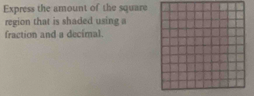 Express the amount of the square 
region that is shaded using a 
fraction and a decimal.