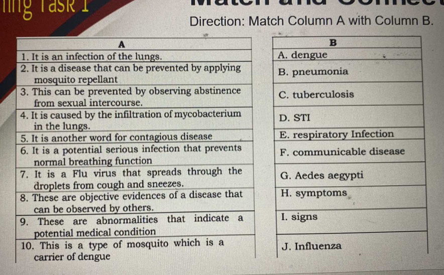 Tng T ask 1 
Direction: Match Column A with Column B.