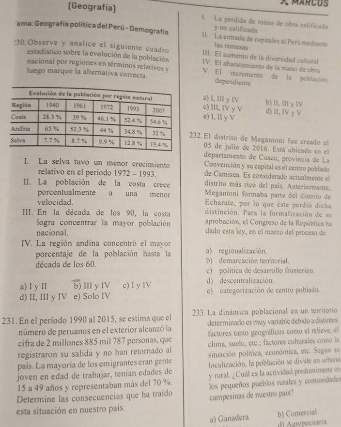 MARCUS
(Geografía) 1. La pérdida de mano de obra calificada
y no calificada
ema: Geografía política del Perú - Demografía I. La entrada de capitales al Perú medianto
las remesas
!30.Observe y analice el siguiente cuadro III. El aumento de la diversidad cultural
estadistico sobre la evolución de la población IV. El abaratamiento de la mano de obra
nacional por regiones en términos relativos y V. El incremento de la población
luego marque la alternativa correcta. dependiente
a) l, lIl y lV b) II, III y IV
c) III, IV y V d) II, IV y V
e) l, ll y V
232. El distrito de Megantoni fue creado el
05 de julio de 2016. Está ubicado en el
departamento de Cusco, província de La
I. La selva tuvo un menor crecimiento Convención y su capital es el centro poblado
relativo en el periodo 1972 - 1993. de Camisea. Es considerado actualmente el
II. La población de la costa crece distrito más rico del país. Anteriormente,
porcentualmente a una menor  Megantoni formaba parte del distrito de
velocidad. Echarate, por lo que éste perdió dicha
III. En la década de los 90, la costa distinción. Para la formalización de su
logra concentrar la mayor población aprobación, el Congreso de la República ha
nacional.
dado esta ley, en el marco del proceso de
IV. La región andina concentró el mayor
porcentaje de la población hasta la a) regionalización.
década de los 60. b) demarcación territorial.
c) política de desarrollo fronterizo.
a) I y II b) IlI y lV c) I y IV d) descentralización.
d) II, III y IV e) Solo IV e) categorización de centro poblado.
231. En el período 1990 al 2015, se estima que el  233. La dinámica poblacional en un territorio
número de peruanos en el exterior alcanzó la determinado es muy variable debido a distíntos
cifra de 2 millones 885 mil 787 personas, que factores tanto geográficos como el relieve, el
registraron su salida y no han retornado al clima, suelo, etc.; factores culturales como la
país. La mayoría de los emigrantes eran gente situación política, económica, etc. Según su
localización, la población se divide en urbana
joven en edad de trabajar, tenían edades de y rural. ¿Cuál es la actividad predominante en
15 a 49 años y representaban más del 70 %. los pequeños pueblos rurales y comunidades
Determine las consecuencias que ha traido campesinas de nuestro pais?
esta situación en nuestro país.
a) Ganadera b) Comercial
d) Agropecuaría