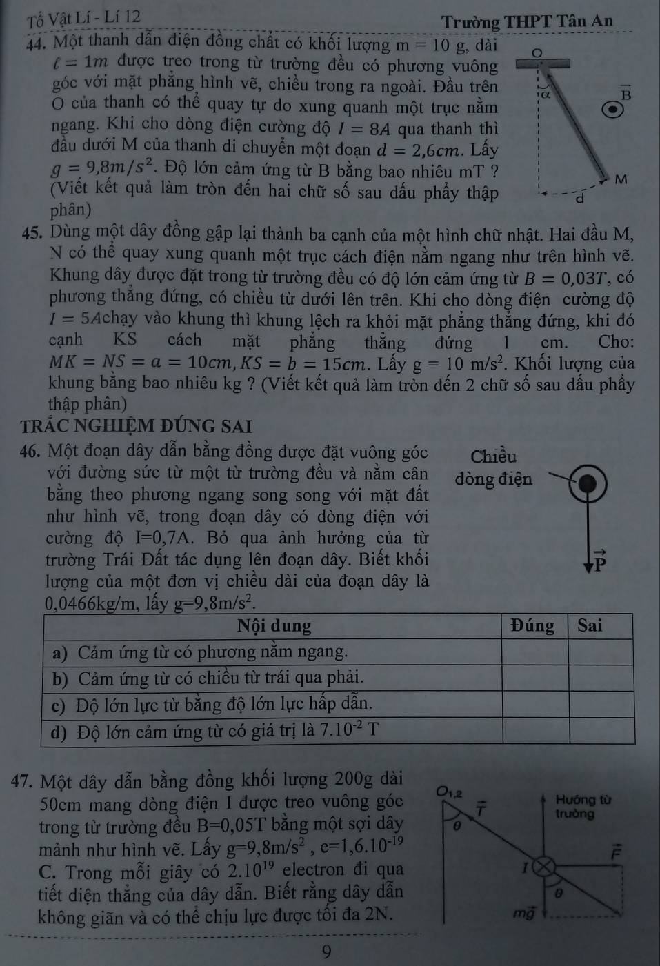 Tổ Vật Lí - Lí 12
Trường THPT Tân An
44. Một thanh dẫn điện đồng chất có khối lượng m=10g, dài
l=1m được treo trong từ trường đều có phương vuông
góc với mặt phẳng hình vẽ, chiều trong ra ngoài. Đầu trên α vector B
O của thanh có thể quay tự do xung quanh một trục nằm
ngang. Khi cho dòng điện cường độ I=8A qua thanh thì
đầu dưới M của thanh di chuyển một đoạn d=2,6cm. Lấy
g=9,8m/s^2. Độ lớn cảm ứng từ B bằng bao nhiêu mT ?
M
(Viết kết quả làm tròn đến hai chữ số sau dấu phẩy thập
phân)
45. Dùng một dây đồng gập lại thành ba cạnh của một hình chữ nhật. Hai đầu M,
N có thể quay xung quanh một trục cách điện nằm ngang như trên hình vẽ.
Khung dây được đặt trong từ trường đều có độ lớn cảm ứng từ B=0,03T , có
phương thắng đứng, có chiều từ dưới lên trên. Khi cho dòng điện cường độ
I=5Ac1 Thạy vào khung thì khung lệch ra khỏi mặt phẳng thẳng đứng, khi đó
cạnh KS cách mặt phẳng  thǎng đứng l cm. Cho:
MK=NS=a=10cm,KS=b=15cm. Lấy g=10m/s^2. Khối lượng của
khung bằng bao nhiêu kg ? (Viết kết quả làm tròn đến 2 chữ số sau dấu phầy
thập phân)
trẢC NGHIỆM đÚnG SAi
46. Một đoạn dây dẫn bằng đồng được đặt vuông góc Chiều
với đường sức từ một từ trường đều và nằm cân đòng điện
bằng theo phương ngang song song với mặt đất
như hình vẽ, trong đoạn dây có dòng điện với
cường độ I=0,7A. Bỏ qua ảnh hưởng của từ
trường Trái Đất tác dụng lên đoạn dây. Biết khối
lượng của một đơn vị chiều dài của đoạn dây là
0,0466kg/m, lấy g=9,8m/s^2.
47. Một dây dẫn bằng đồng khối lượng 200g dài
50cm mang dòng điện I được treo vuông góc
trong từ trường đều B=0,05T bằng một sợi dây
mảnh như hình vẽ. Lấy g=9,8m/s^2,e=1,6.10^(-19)
C. Trong mỗi giây có 2.10^(19) electron đi qua
tiết diện thẳng của dây dẫn. Biết rằng dây dẫn
không giãn và có thể chịu lực được tối đa 2N.
9