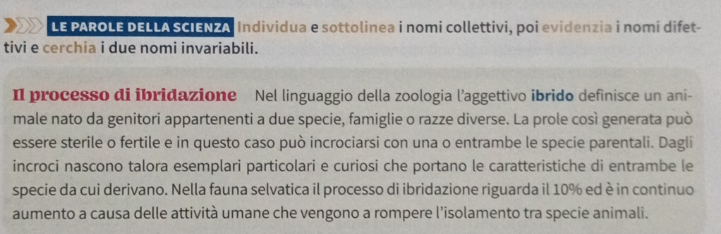 LE PAROLE DELLA SCIENZA, Individua e sottolinea i nomi collettivi, poi evidenzia i nomi difet- 
tivi e cerchia i due nomi invariabili. 
II processo di ibridazione Nel linguaggio della zoologia l’aggettivo ibrido definisce un ani- 
male nato da genitori appartenenti a due specie, famiglie o razze diverse. La prole così generata può 
essere sterile o fertile e in questo caso può incrociarsi con una o entrambe le specie parentali. Dagli 
incroci nascono talora esemplari particolari e curiosi che portano le caratteristiche di entrambe le 
specie da cui derivano. Nella fauna selvatica il processo di ibridazione riguarda il 10% ed è in continuo 
aumento a causa delle attività umane che vengono a rompere l’isolamento tra specie animali.