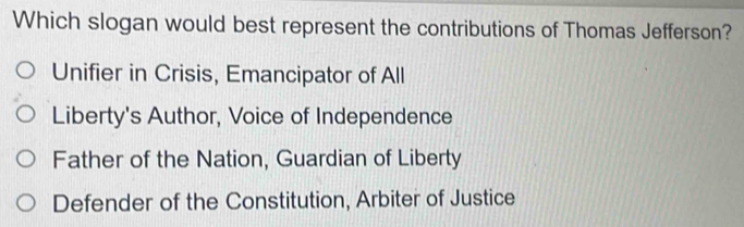 Which slogan would best represent the contributions of Thomas Jefferson?
Unifier in Crisis, Emancipator of All
Liberty's Author, Voice of Independence
Father of the Nation, Guardian of Liberty
Defender of the Constitution, Arbiter of Justice