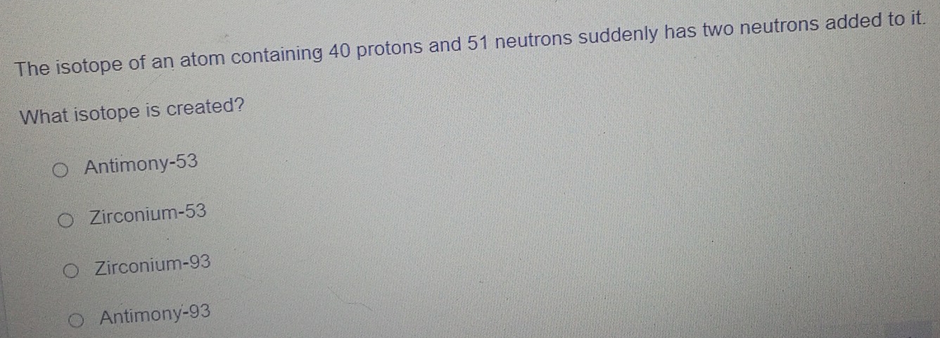 Solved: The isotope of an atom containing 40 protons and 51 neutrons ...