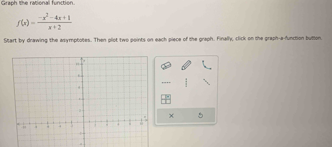 Graph the rational function.
f(x)= (-x^2-4x+1)/x+2 
Start by drawing the asymptotes. Then plot two points on each piece of the graph. Finally, click on the graph-a-function button. 
-- 
×
-4.