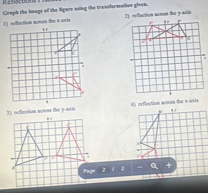 Reffections 1
Graph the image of the figure using the transformation given.
1) reflection across the x-axis 2) reflection across the y-axis
3) reflection across the y-axis 4) reflection across the x-axis
1