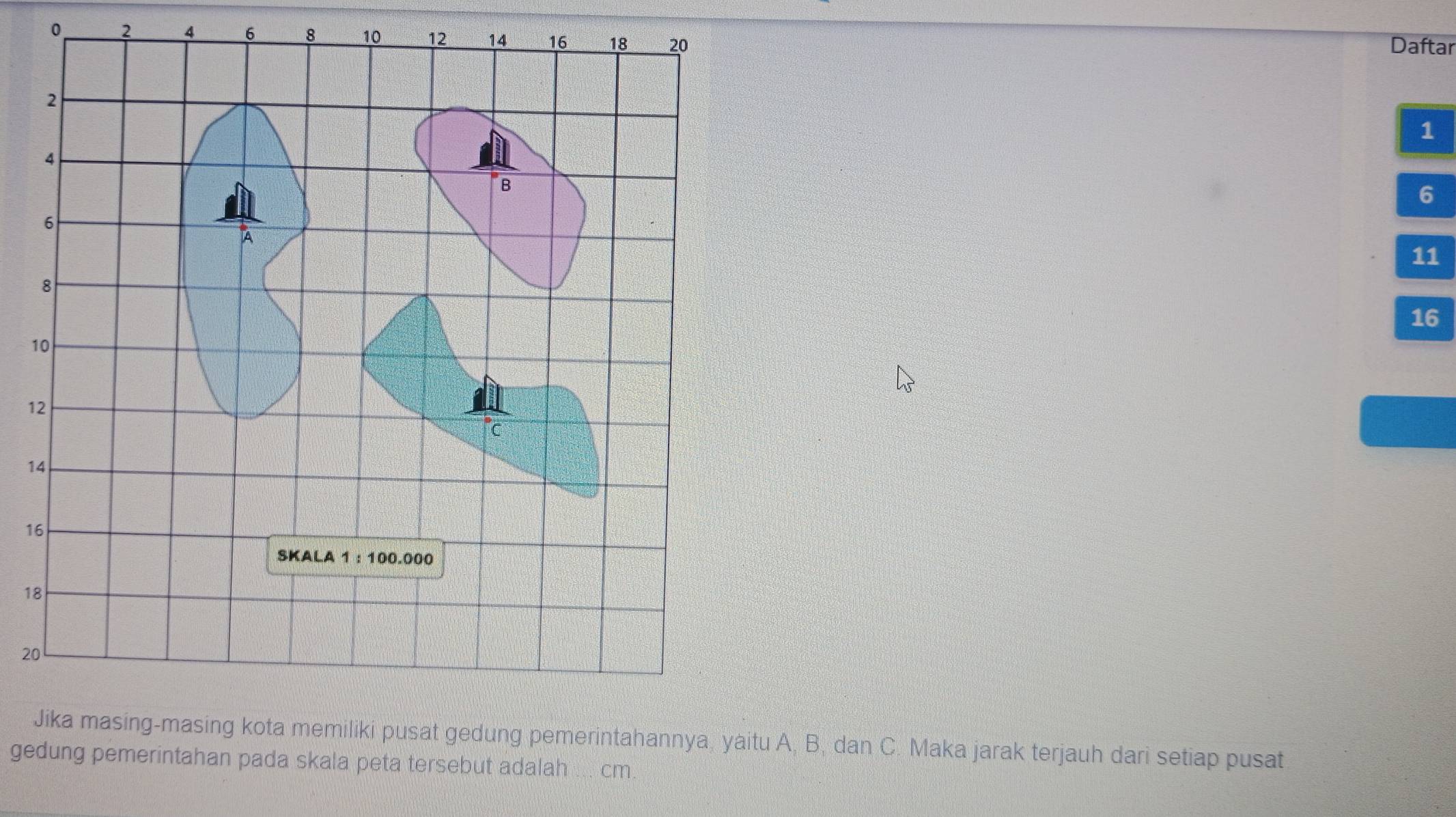 0 2 4 6 8 10 12 14
Daftar
1
6
11
16
1
1
1
1
1
20
Jika masing-masing kota memiliki pusat gedung pemerintahannya, yaitu A, B, dan C. Maka jarak terjauh dari setiap pusat
gedung pemerintahan pada skala peta tersebut adalah ... cm.