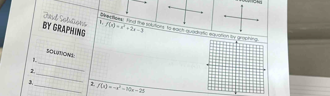 Find Solutions 1. f(x)=x^2+2x-3
Directions: Find the solutions to each quadratic equation by gra 
BY GRAPHING 
SOLUTIONS: 
_ 
1. 
2. 
3. 
_ 
_2. f(x)=-x^2-10x-25