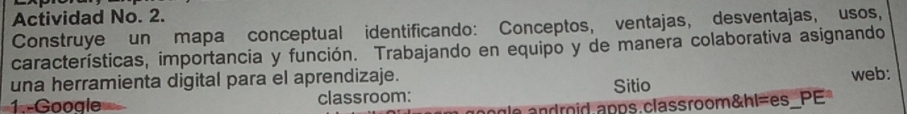Actividad No. 2. 
Construye un mapa conceptual identificando: Conceptos, ventajas, desventajas, usos, 
características, importancia y función. Trabajando en equipo y de manera colaborativa asignando 
una herramienta digital para el aprendizaje. Sitio web: 
1.-Google classroom: 
nngle.android.apps.classroom&hl=es_PE