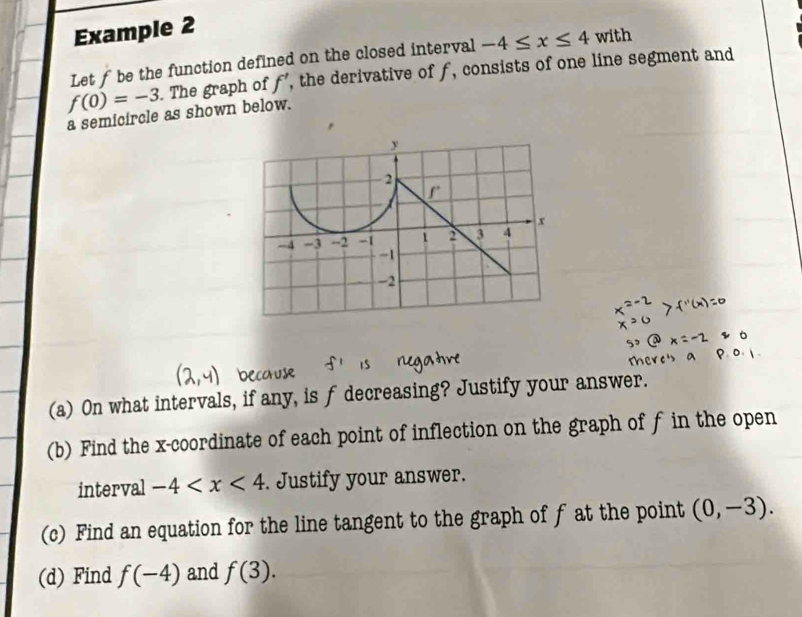 Example 2
Let f be the function defined on the closed interval -4≤ x≤ 4 with
f(0)=-3. The graph of f' , the derivative of f, consists of one line segment and
a semicircle as shown below.
(a) On what intervals, if any, is f decreasing? Justify your answer.
(b) Find the x-coordinate of each point of inflection on the graph of f in the open
interval -4 Justify your answer.
(c) Find an equation for the line tangent to the graph of f at the point (0,-3).
(d) Find f(-4) and f(3).