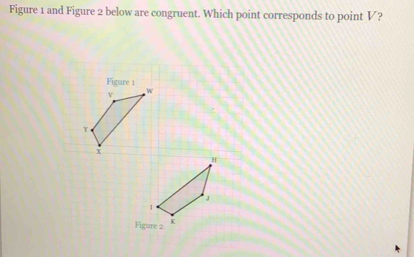 Figure 1 and Figure 2 below are congruent. Which point corresponds to point V?