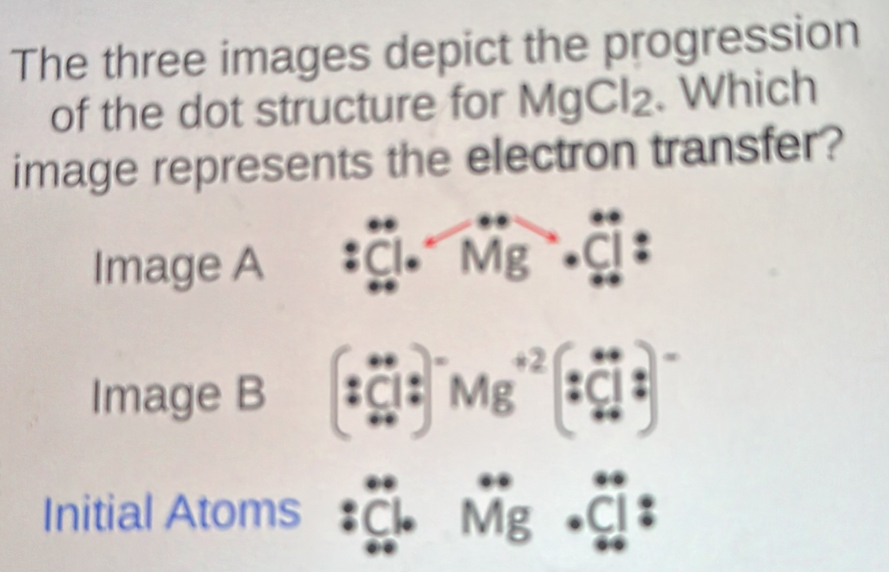 The three images depict the progression 
of the dot structure for MgCl₂. Which 
image represents the electron transfer? 
Image A : Ci Mg
Image B tặt Mg
Initial Atoms : Ci Mg C . 
: