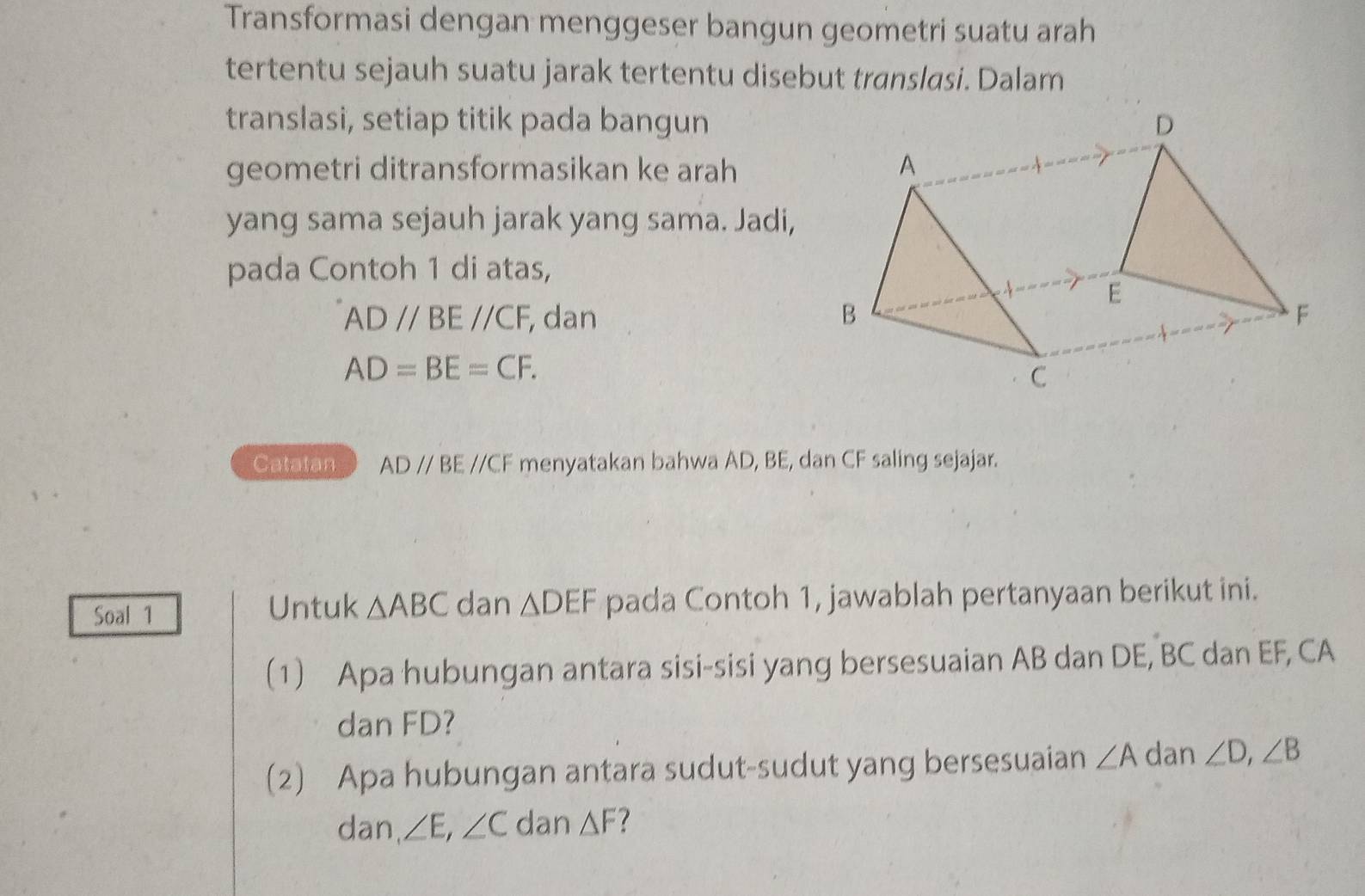 Transformasi dengan menggeser bangun geometri suatu arah 
tertentu sejauh suatu jarak tertentu disebut translasi. Dalam 
translasi, setiap titik pada bangun 
geometri ditransformasikan ke arah 
yang sama sejauh jarak yang sama. Jadi, 
pada Contoh 1 di atas,
ADparallel BEparallel CF dan
AD=BE=CF. 
Catatan ADparallel BE //C F menyatakan bahwa AD, BE, dan CF saling sejajar. 
Soal 1 Untuk △ ABC dan △ DEF pada Contoh 1, jawablah pertanyaan berikut ini. 
(1) Apa hubungan antara sisi-sisi yang bersesuaian AB dan DE, BC dan EF, CA
dan FD? 
(2) Apa hubungan antara sudut-sudut yang bersesuaian ∠ A dan ∠ D, ∠ B
dan, ∠ E, ∠ C dan △ F