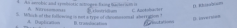 An aerobic and symbiotic nitrogen fixing bacterium is
D. Rhizobium
A. Nitrosomonas B. clostridium C. Azotobacter
5. Which of the following is not a type of chromosomal aberration ?
D. inversion
A. Duplication B. translocation Comutations