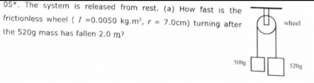 05°. The system is released from rest. (a) How fast is the 
frictionless wheel (I=0.0050kg.m^2, r=7.0cm) turning a 
the 520g mass has fallen 2.0 m?