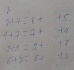 8+7=8+ -frac 1/5=1/5 +5
7+7=7+ +4
g+g=g++8
6+7=6+ +3