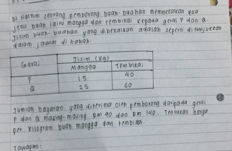 () Hashim seorang pemporong buah-buahan membexaluan qua 
jcnis buan iait mangga dan tembikai kepada gerai p dan Q. 
Jisim buah-buahan yang dibekaluan adaian seperti di funjuckan 
dalamjadual dì bawgh. 
Jumian bayaran yang diterima olen pemborong daripada gerai
P dan Q masing-maying Rm9o dan pm 140. Tentukan harga 
per kilogram buah mangga dan tembilai. 
Tawapan: