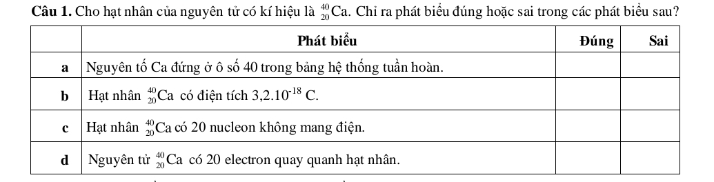 Cho hạt nhân của nguyên tử có kí hiệu là beginarrayr 40 20endarray C Ca. Chỉ ra phát biểu đúng hoặc sai trong các phát biểu sau?