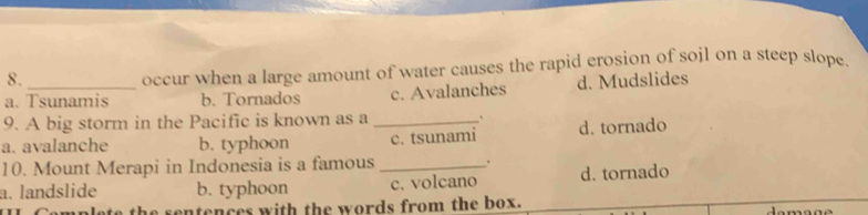 occur when a large amount of water causes the rapid erosion of sojl on a steep slope.
a. Tsunamis b. Tornados c. Avalanches d. Mudslides
9. A big storm in the Pacific is known as a .
a. avalanche b. typhoon _c. tsunami d. tornado
10. Mount Merapi in Indonesia is a famous _.
a. landslide b. typhoon c. volcano d. tornado
he sentences with the words from the box.