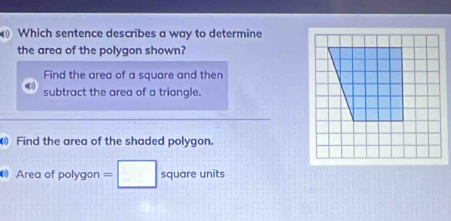 Which sentence describes a way to determine
the area of the polygon shown?
Find the area of a square and then
subtract the area of a triangle.
Find the area of the shaded polygon.
Area of polygon =□ square units