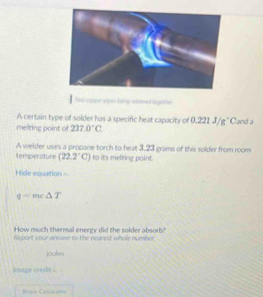 A certain type of solder has a specific heat capacity of 0.221 J/g°Cand ...