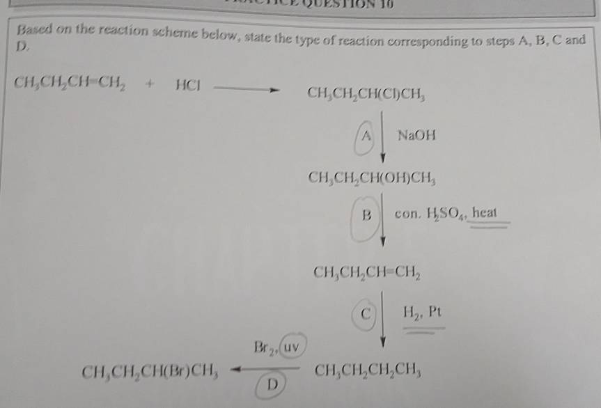 Based on the reaction scheme below, state the type of reaction corresponding to steps A, B, C and
D.
CH_3CH_2CH=CH_2+HClto CH_3CH_2CH(CI)CH_3
 enclosecircleA|NaOH 
CH_3CH_2CH_3OHOCH_3COO-H_2+CO_2uparrow +H_2SO_4 _ heat
beginarrayr CH,CHivaycu,+ (0.6tiencurs)/Cl)  cncelosecircle4,frac 0.05canche,endarray 