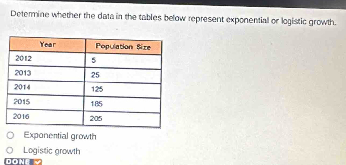 Determine whether the data in the tables below represent exponential or logistic growth.
Exponential growth
Logistic growth
DONE