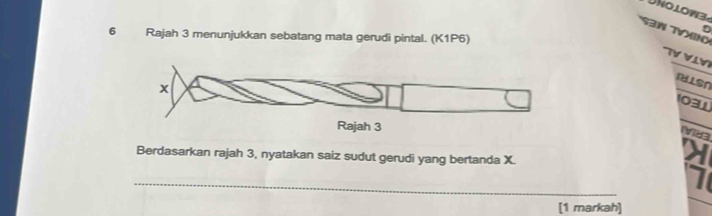 Unolowz 
S3W TVXINX 
6 Rajah 3 menunjukkan sebatang mata gerudi pintal. (K1P6) 
TV VV 
RUISN 
1031
a3
Berdasarkan rajah 3, nyatakan saiz sudut gerudi yang bertanda X. 
_ 
7 
[1 markah]