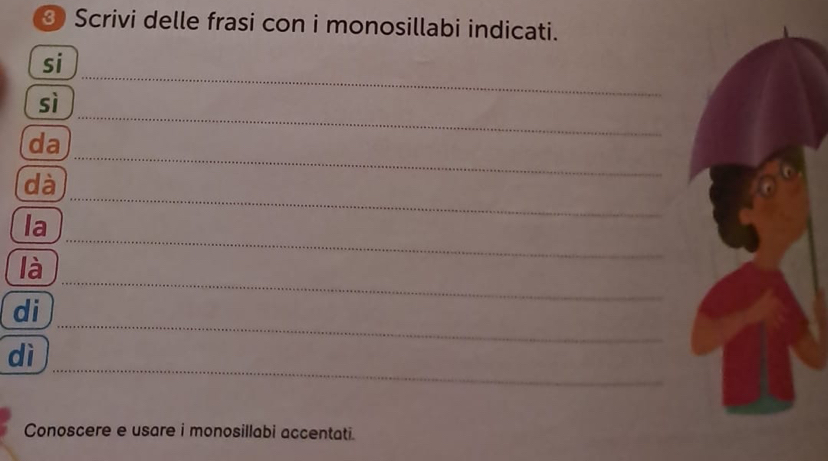 ③ Scrivi delle frasi con i monosillabi indicati. 
si 
sì 
_ 
_ 
da 
_ 
_ 
dà 
_ 
la 
_ 
là 
_ 
di 
_ 
dì 
Conoscere e usare i monosillabi accentati.