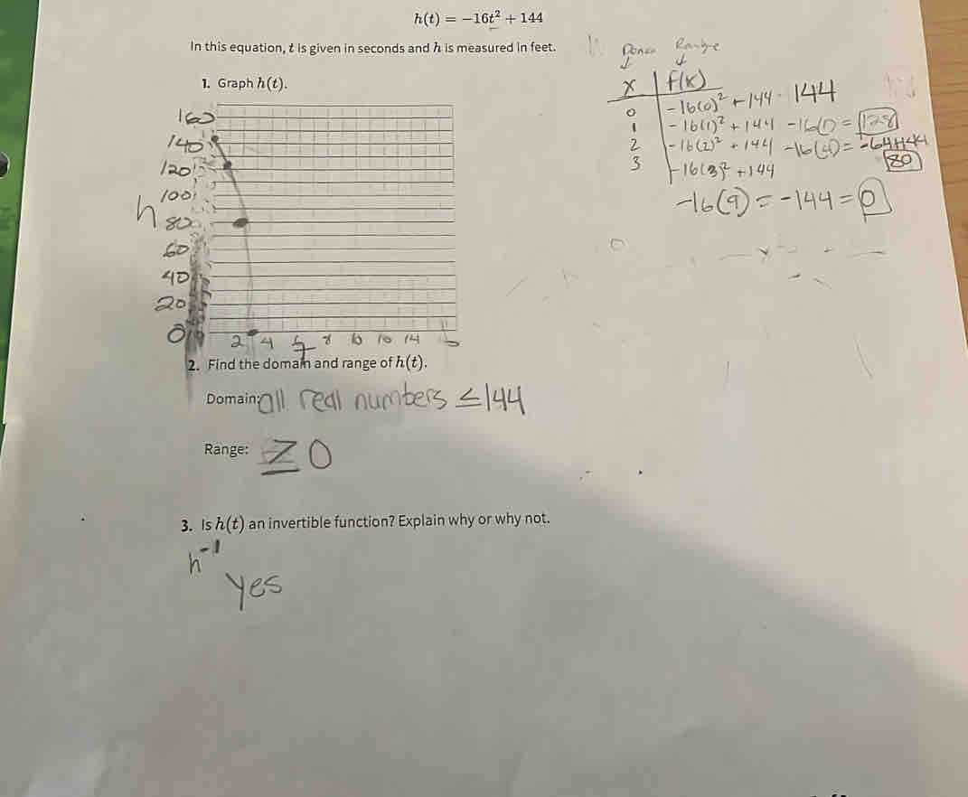 h(t)=-16t^2+144
In this equation, t is given in seconds and h is measured in feet.
1.Graph h(t)
Domain:
Range:
3. Is h(t) an invertible function? Explain why or why not.