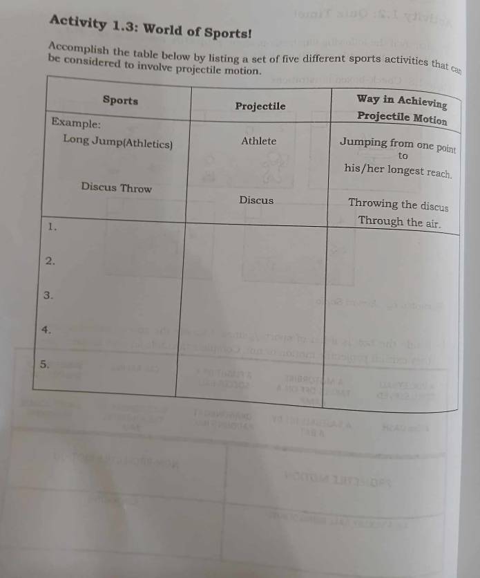 Activity 1.3: World of Sports! 
Accomplish the table below by listing a set of five different sports activities that 
be considered to inv