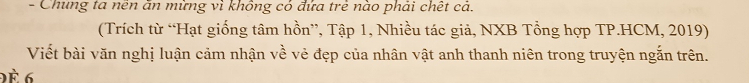 Chung ta nên ăn mừng vì không có đứa trẻ nào phải chết cả. 
(Trích từ “Hạt giống tâm hồn”, Tập 1, Nhiều tác giả, NXB Tổng hợp TP.HCM, 2019) 
Viết bài văn nghị luận cảm nhận về vẻ đẹp của nhân vật anh thanh niên trong truyện ngắn trên. 
Đè 6