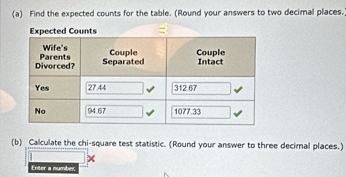 Find the expected counts for the table. (Round your answers to two decimal places. 
(b) Calculate the chi-square test statistic. (Round your answer to three decimal places.) 
Enter a number.