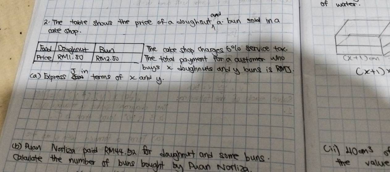 of water.
and
2. The table shows the price of a doughnut a bun sold in a
cake shop.
Food Doughnut Bun The cake shop charges 6%lo service tox.
Price RML. 80 RMa. 80 The total payment for a customer who 
I in buys x doughnuts andy bung is RMS.
(x+1)x
(a) Express terms of x an y.
cn 40cm^3
() Auan Norliza paid RMg4. 52 for doughmut and some buns.
the value
Caloulate the number of buns bought by Puan Norli2g