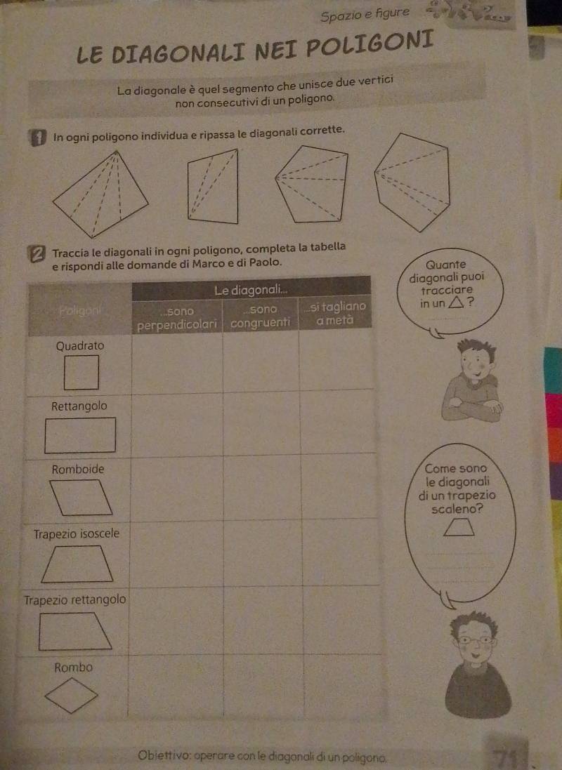 Spazio e figure 
LE DIAGONALI NEI POLIGONI 
La diagonale è quel segmento che unisce due vertici 
non consecutivi di un poligono. 
In ogni poligono individua e ripassa le diagonali corrette. 
Traccia le diagonali in ogni poligono, completa la tabella 
di Paolo.Quante 
agonali puoi 
tracciare 
in un △ ? 
Come sono 
le diagonali 
di un trapezio 
scaleno? 
Objettivo: operare con le diagonali di un poligono, 711.