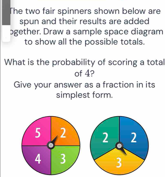 The two fair spinners shown below are 
spun and their results are added 
bgether. Draw a sample space diagram 
to show all the possible totals. 
What is the probability of scoring a total 
of 4? 
Give your answer as a fraction in its 
simplest form.