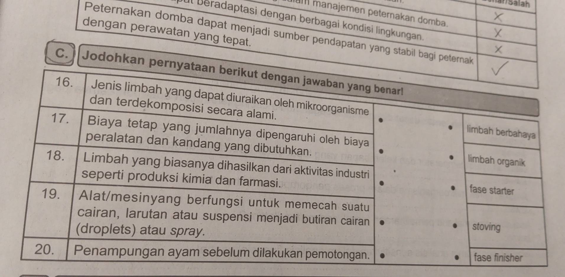 nan Salah 
ulam manajemen peternakan domba. 
at beradaptasi dengan berbagai kondisi lingkungan 
dengan perawatan yang tepat. 
Peternakan domba dapat menjadi sumber pendapatan yang stabil bagi peternak 
C. Jodohkan pernyataan b