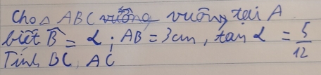 Cho △ ABC vuéng tai A 
birt widehat B=alpha; AB=3cm , tan alpha = 5/12 
Tims BCAC