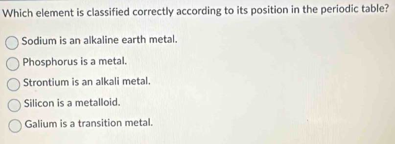 Which element is classified correctly according to its position in the periodic table?
Sodium is an alkaline earth metal.
Phosphorus is a metal.
Strontium is an alkali metal.
Silicon is a metalloid.
Galium is a transition metal.