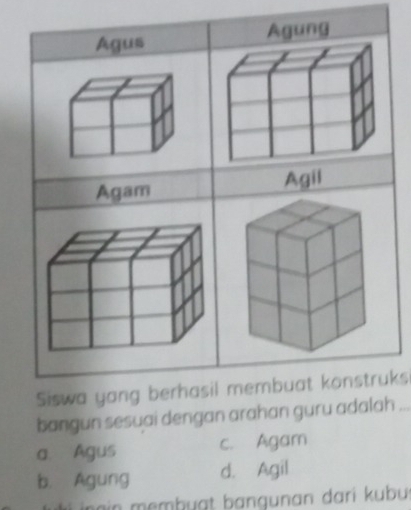 Agus Agung
Agam Agil
Siswa yang berhasil membuat konstruks_
bangun sesuai dengan arahan guru adalah
a. Agus c. Agam
b. Agung d. Agil
ngin membuạt bangunan dari kubu