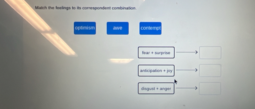 Match the feelings to its correspondent combination.
optimism awe contempt
fear + surprise
anticipation + joy
disgust + anger