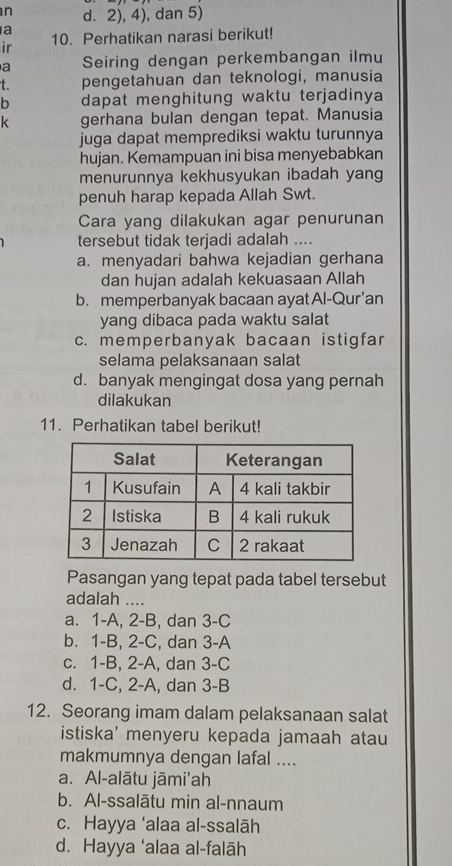 d. 2), 4), dan 5)
a
ir 10. Perhatikan narasi berikut!
a Seiring dengan perkembangan ilmu
t. pengetahuan dan teknologi, manusia
b dapat menghitung waktu terjadinya
k gerhana bulan dengan tepat. Manusia
juga dapat memprediksi waktu turunnya
hujan. Kemampuan ini bisa menyebabkan
menurunnya kekhusyukan ibadah yang
penuh harap kepada Allah Swt.
Cara yang dilakukan agar penurunan
tersebut tidak terjadi adalah ....
a. menyadari bahwa kejadian gerhana
dan hujan adalah kekuasaan Allah
b. memperbanyak bacaan ayat Al-Qur’an
yang dibaca pada waktu salat
c. memperbanyak bacaan istigfar
selama pelaksanaan salat
d. banyak mengingat dosa yang pernah
dilakukan
11. Perhatikan tabel berikut!
Pasangan yang tepat pada tabel tersebut
adalah ....
a. 1-A, 2-B, dan 3-C
b. 1-B, 2-C, dan 3-A
c. 1-B, 2-A, dan 3-C
d. 1-C, 2-A, dan 3-B
12. Seorang imam dalam pelaksanaan salat
istiska' menyeru kepada jamaah atau
makmumnya dengan lafal ....
a. Al-alātu jāmi'ah
b. Al-ssalātu min al-nnaum
c. Hayya ‘alaa al-ssalāh
d. Hayya ‘alaa al-falāh