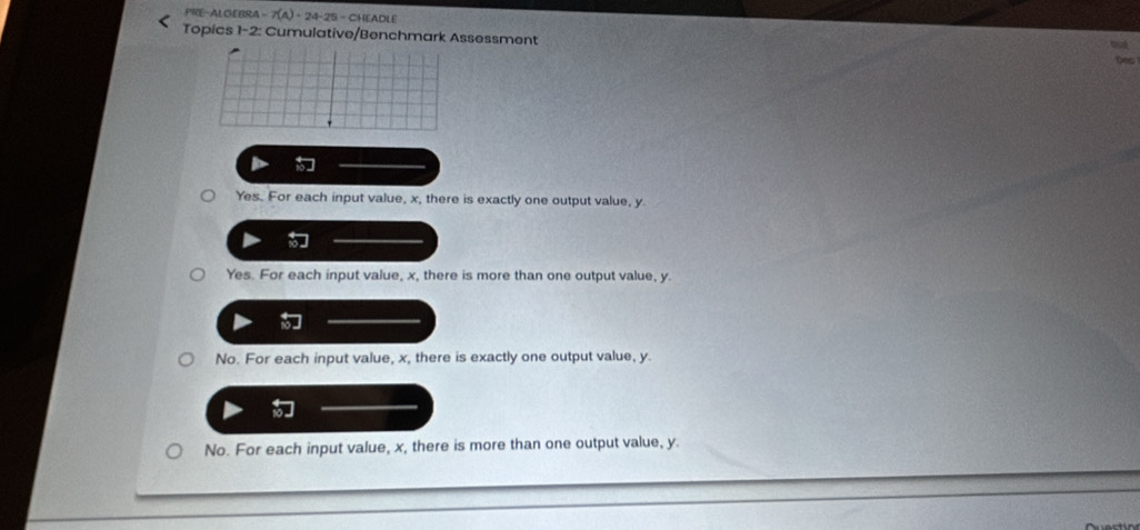 PRE-ALGEBRA -7(A)+24-25=CH EADLE
Topics 1-2: Cumulative/Benchmark Assessment
Yes. For each input value, x, there is exactly one output value, y
Yes. For each input value, x, there is more than one output value, y
No. For each input value, x, there is exactly one output value, y.
No. For each input value, x, there is more than one output value, y.