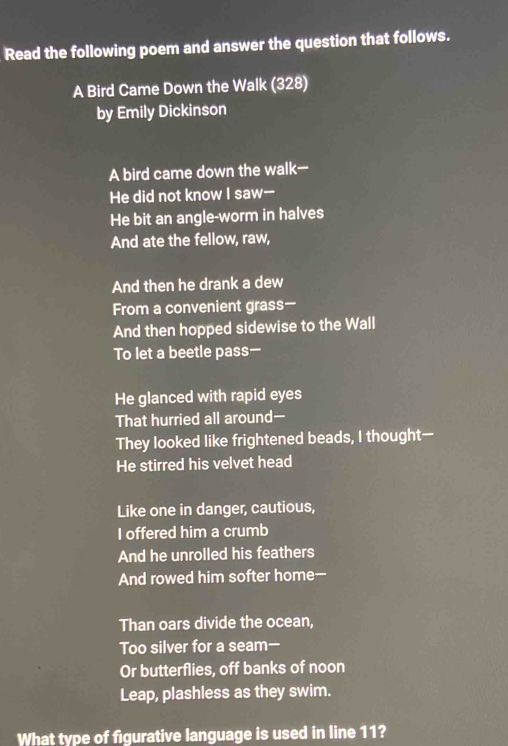 Read the following poem and answer the question that follows. 
A Bird Came Down the Walk (328) 
by Emily Dickinson 
A bird came down the walk- 
He did not know I saw-- 
He bit an angle-worm in halves 
And ate the fellow, raw, 
And then he drank a dew 
From a convenient grass 
And then hopped sidewise to the Wall 
To let a beetle pass— 
He glanced with rapid eyes 
That hurried all around— 
They looked like frightened beads, I thought— 
He stirred his velvet head 
Like one in danger, cautious, 
I offered him a crumb 
And he unrolled his feathers 
And rowed him softer home-- 
Than oars divide the ocean, 
Too silver for a seam— 
Or butterflies, off banks of noon 
Leap, plashless as they swim. 
What type of figurative language is used in line 11?