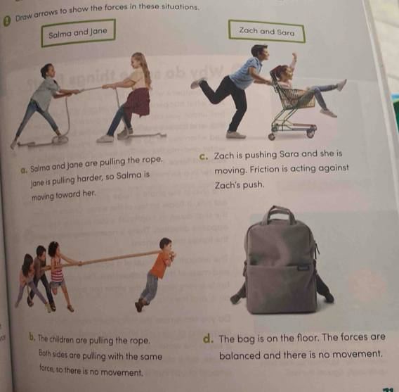 Draw arrows to show the forces in these situations.
Salma and jane Zach and Sara
a. Salma and Jane are pulling the rope.
c. Zach is pushing Sara and she is
Jane is pulling harder, so Salma is moving. Friction is acting against
Zach's push.
moving toward her.
rol b. The children are pulling the rope. d. The bag is on the floor. The forces are
Both sides are pulling with the same balanced and there is no movement.
force, so there is no movement.