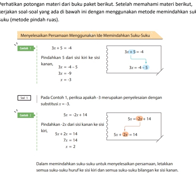 Perhatikan potongan materi dari buku paket berikut. Setelah memahami materi berikut, 
kerjakan soal-soal yang ada di bawah ini dengan menggunakan metode memindahkan suk 
suku (metode pindah ruas). 
Menyelesaikan Persamaan Menggunakan Ide Memindahkan Suku-Suku 
Contoh 1 3x+5=-4
3x+5=-4
Pindahkan 5 dari sisi kiri ke sisi 
kanan, 3x=-4-5
3x=-4-5
3x=-9
x=-3
Soal 1 Pada Contoh 1, periksa apakah -3 merupakan penyelesaian dengan 
substitusi x=-3. 
Contoh 2 5x=-2x+14
5x=-2x+14
Pindahkan -2x dari sisi kanan ke sisi 
kiri,
5x+2x=14
5x+2x=14
7x=14
x=2
Dalam memindahkan suku-suku untuk menyelesaikan persamaan, letakkan 
semua suku-suku huruf ke sisi kiri dan semua suku-suku bilangan ke sisi kanan.