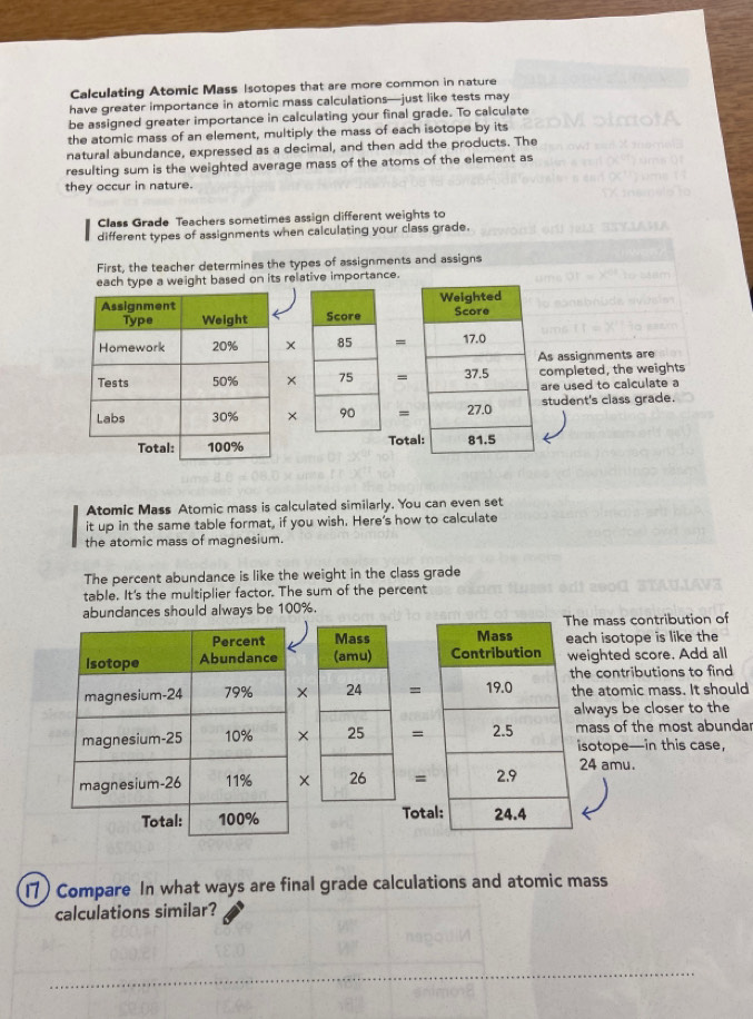 Calculating Atomic Mass Isotopes that are more common in nature 
have greater importance in atomic mass calculations—just like tests may 
be assigned greater importance in calculating your final grade. To calculate 
the atomic mass of an element, multiply the mass of each isotope by its 
natural abundance, expressed as a decimal, and then add the products. The 
resulting sum is the weighted average mass of the atoms of the element as 
they occur in nature. 
Class Grade Teachers sometimes assign different weights to 
different types of assignments when calculating your class grade. 
First, the teacher determines the types of assignments and assigns 
each type a weight based on its relative importance.

x=
As assignments are 
=completed, the weights 
are used to calculate a 
×=student's class grade. 
Tota 
Atomic Mass Atomic mass is calculated similarly. You can even set 
it up in the same table format, if you wish. Here's how to calculate 
the atomic mass of magnesium. 
The percent abundance is like the weight in the class grade 
table. It's the multiplier factor. The sum of the percent 
abundances should always be 100%. 
he mass contribution of 
ach isotope is like the 
eighted score. Add all 
the contributions to find 
×=the atomic mass. It should 
always be closer to the 
×=mass of the most abundar 
isotope—in this case, 
=24 amu. 
Tot 
17) Compare In what ways are final grade calculations and atomic mass 
calculations similar? 
_