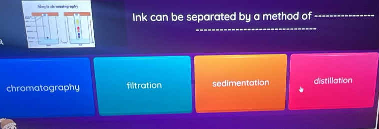 Simple chromatography
a
Ink can be separated by a method of_
_
chromatography filtration sedimentation distillation